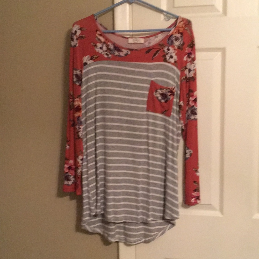 Floral and striped contrast long sleeve tee